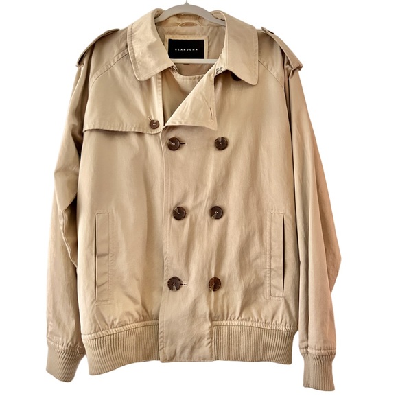Sean John Men’s Tan Khaki Double-Breasted Trench Bomber Jacket Size Large